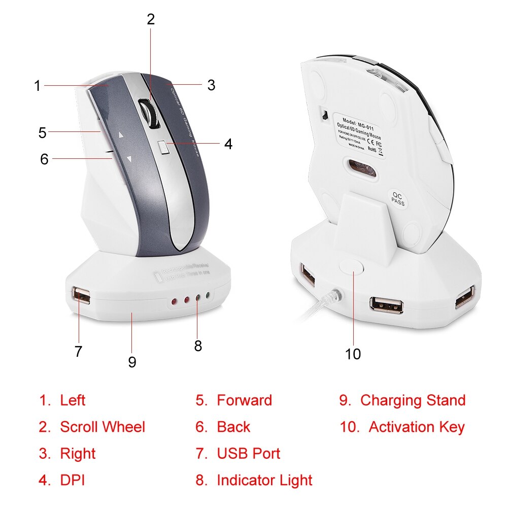 Wireless 2.4GHz Rechargeable Wireless Optical Mouse Gaming Mice w/ Charging Dock Stand USB Hub