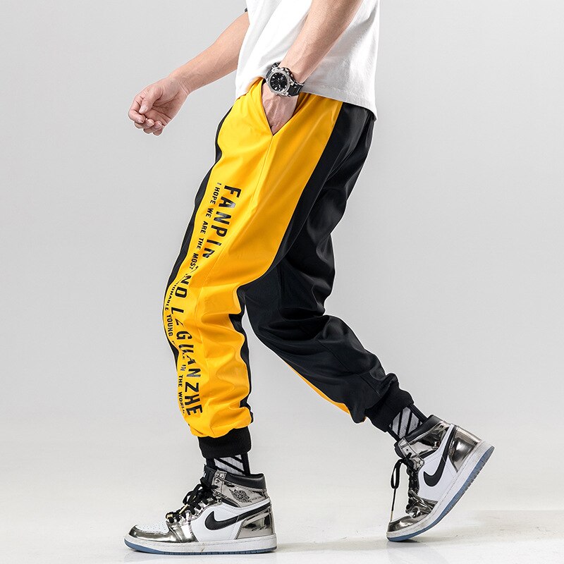 Men Side Striped Joggers Mens Japanese Streetwear Patchwork Sweatpants Male Hip Hop Track Pants Yellow Trousers: 4XL / Black