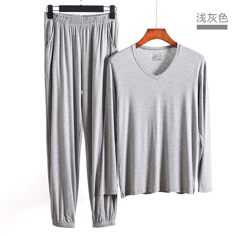 FZSLCYIYI Men's Modal Cotton Long Sleeve Pajamas Set with Long Pant Two-piece Pajama Suit men homewear Sleepwear Loungewear: light gray / XL
