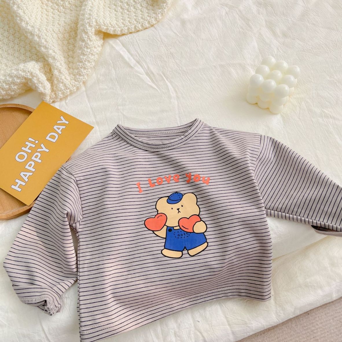 Frühling Herbst Baby lang Ärmel T Shirt niedlich Bär drucken T Hemden Pro Jungen Baumwolle Spitzen lose Kinder gestreift T Shirt Mädchen Tee: khaki / 12M  80cm