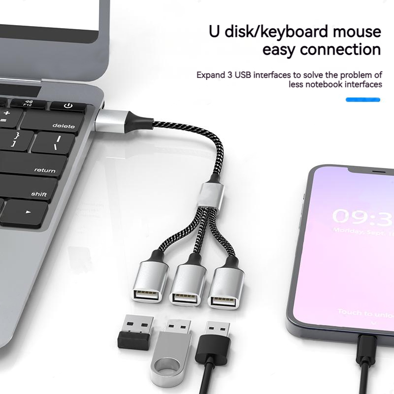 Câble séparateur OTG USB 4 ports Type C mâle vers 3 rallonge USB 2.0 femelle, adaptateur divisé d'alimentation de données Hub Port USB pour ordinateur portable