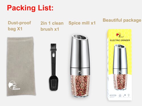 BEEMAN Electric Salt and Pepper Grinder Stainless Steel Automatic Gravity Induction Pepper Mill Kitchen Spice Grinders Tools: Updated model silver