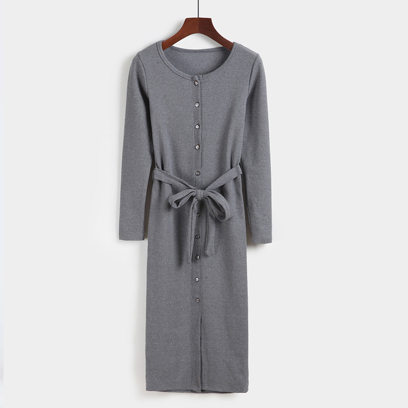 Women Autumn Winter Knitted Dress Single Breasted Cardigan Dress Slim Sweater Dress With Sashes FS0343: Dark grey / M