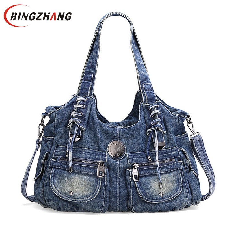 Ville kvinner bag vintage casual denim veske dame stor kapasitet jeans tote vev skulder messenger bag  l4-2937