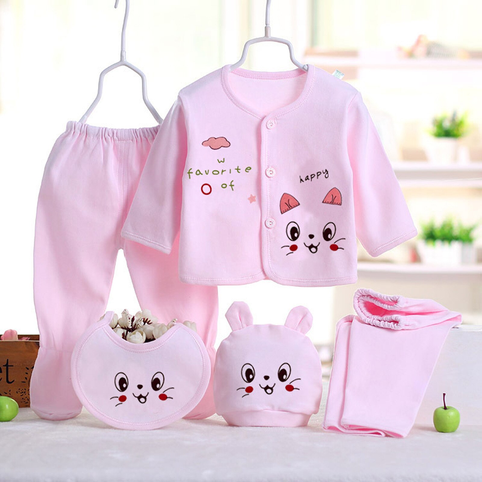 Pasgeboren Kleding 5 Stuks Nachtkleding Set Baby Jongens Meisjes Cartoon Lange Mouwen Tops + Hoed + Broek + Bib Outfits set