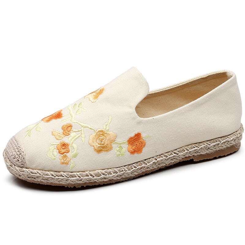 Johnature toile chaussures décontracté Floral sans lacet bout rond Style National printemps/automne broder femmes chaussures