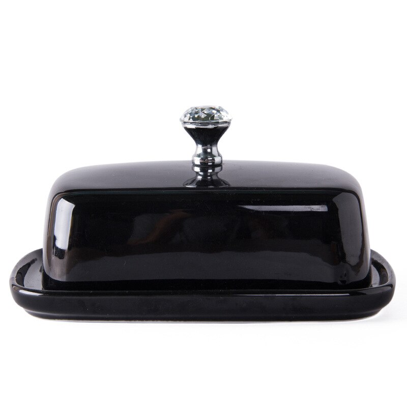 Caja de cerámica para platos de mantequilla de 6 pulgadas, caja de dulces/pastel/bandeja con tapa, con mango de diamante, negro