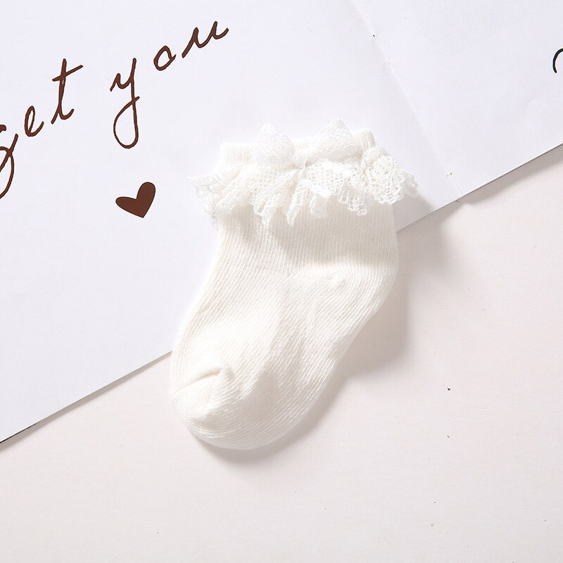 Dentelle à volants bébé chaussettes couleur unie mignon nœuds princesse bébé fille chaussettes doux printemps automne infantile enfant en bas âge chaussettes Sokken: White / 7-12M