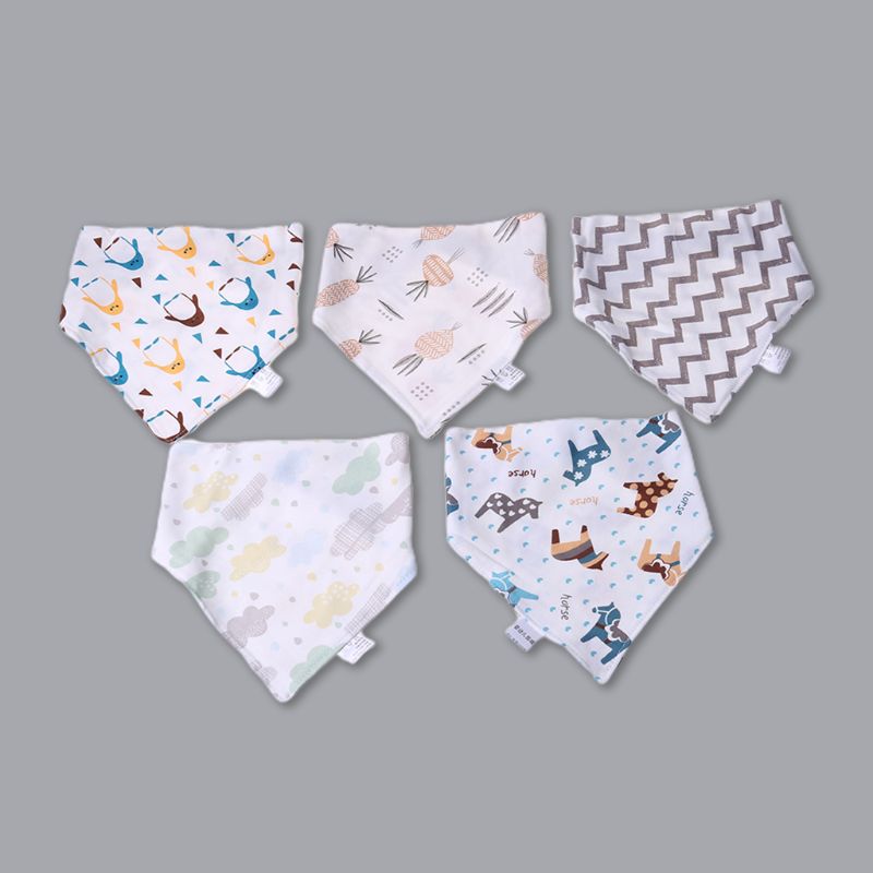 5 Pcs/Pack Baby Cotton Feeding Bibs Cartoon Print Bandana Saliva Triangle Dribble Towel Apron Infant Scarf