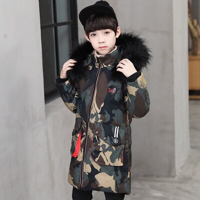 5-15 ans veste d'hiver pour garçon Camouflage doudoune avec fermeture éclair garçons fourrure vêtements d'extérieur à capuche enfants Long manteau TZ530: Green / 7T
