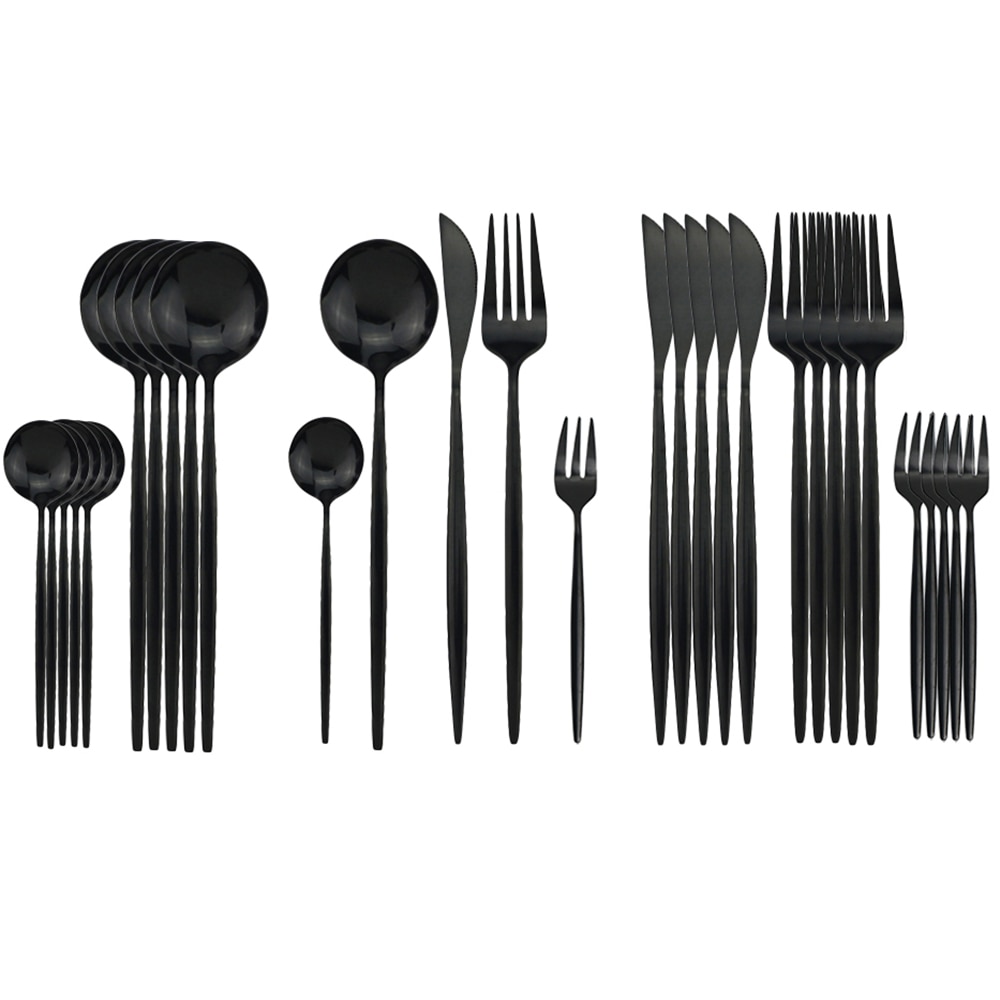 JANKNG – service de vaisselle noire, 30 pièces, fourchette à gâteau aux fruits, couteau en acier inoxydable, argenterie, couverts miroirs, service de table