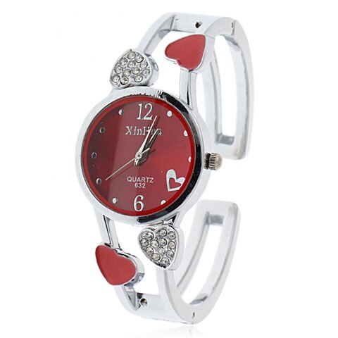 Women Bangle Watch Bracelet Quartz Watch with Rhinestone Round Dial Stainless Steel Band Wrist Watches with Box: 632red