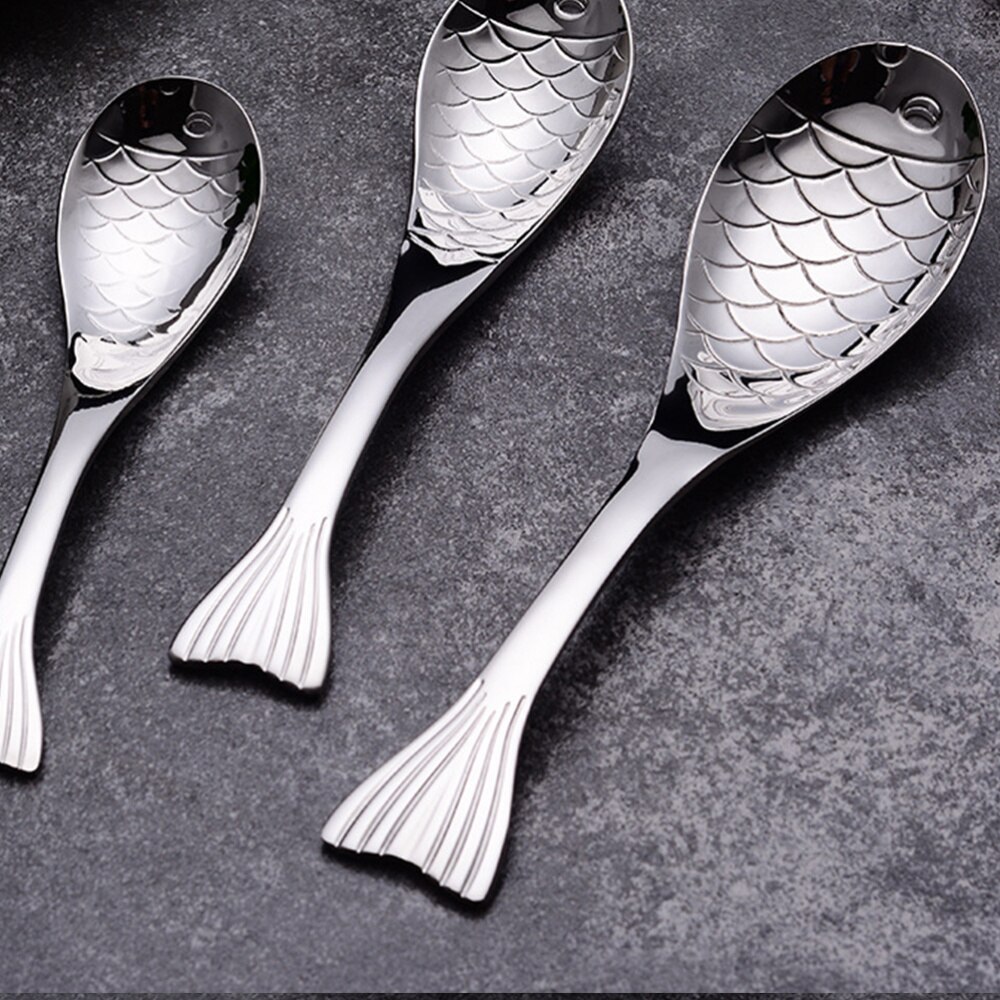 1pc Spoon Stylish Silver Fish Shape Soup Spoon