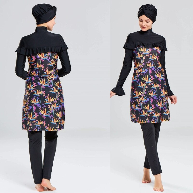 Burkini avec bonnet Hijab pour femmes, 3 pièces, manches longues, à volants, modeste, maillot de bain islamique, col montant, couverture complète, vêtements de plage