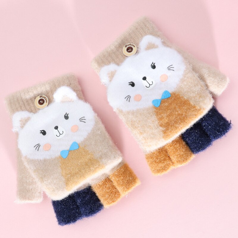 Kids Winter Warm Thicken Handschoenen Meisjes Zachte Half Vinger Cover Dier Vingerloze Handschoenen Outdoor Warme Wanten Handschoenen Voor Kids 5-12Y: cat khaki