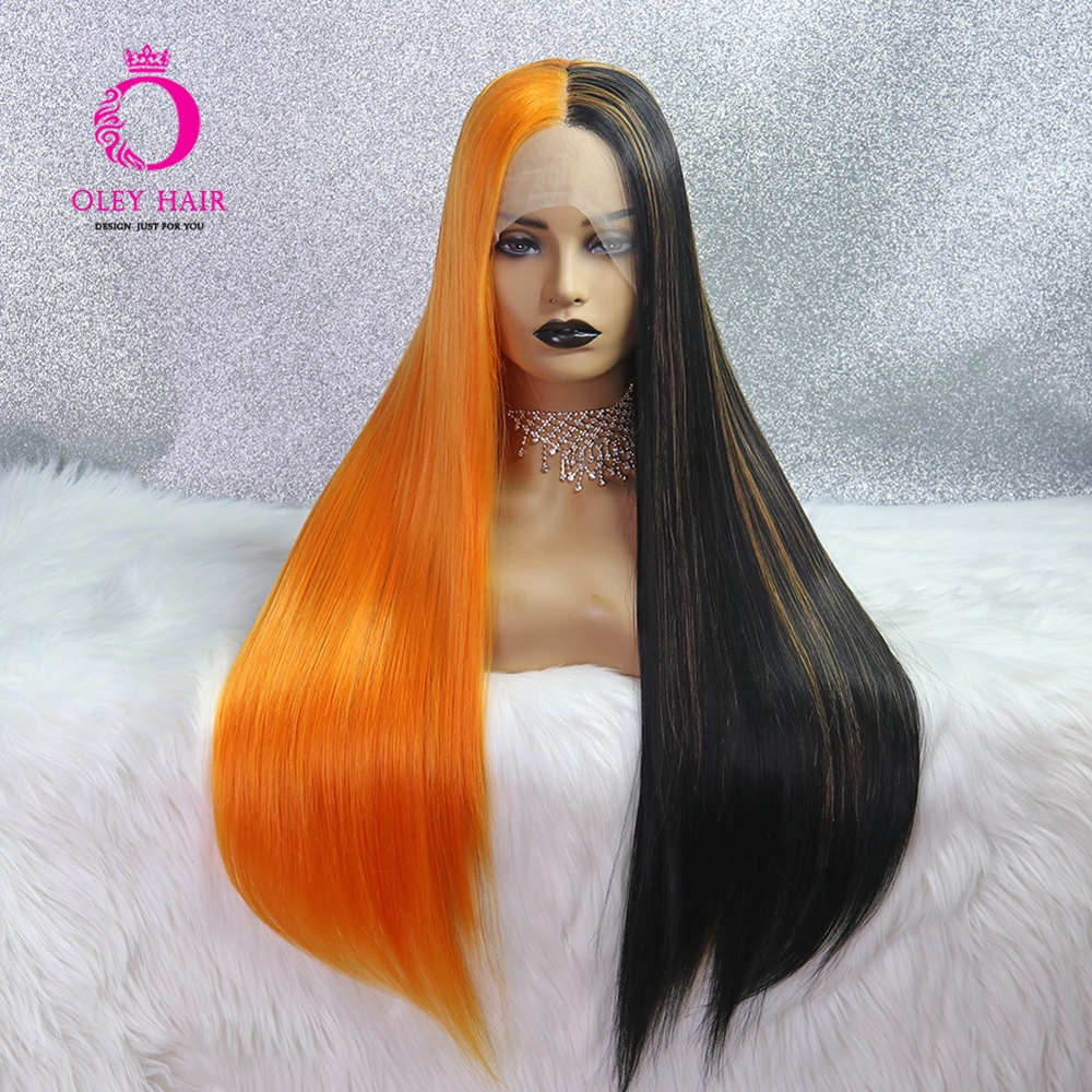 Half Orange Half Black Wig Glueless Synthetic Lace Front Wig Mango Swirl Long Straight Cosplay Wigs For Black Women: 24inches