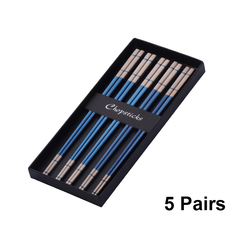 Baguettes chinoises de luxe en acier inoxydable, 5 paires, baguettes à Sushi réutilisables en titane doré avec boîte, bâtons alimentaires en métal: YELLOW