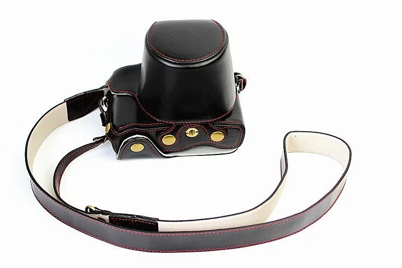 Luxury PU Leather Camera Case Cover for Olympus OMD EM10 II EM10 Mark II (14-42mm Lens) Open battery With Strap: Black