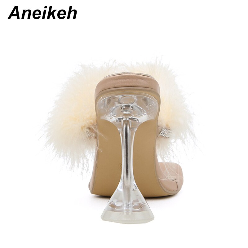 Aneikeh sommer kvinde behåret pels flip flops pvc gennemsigtig fjer plexiglas krystal høje hæle peep toe muldyr dame slides sko
