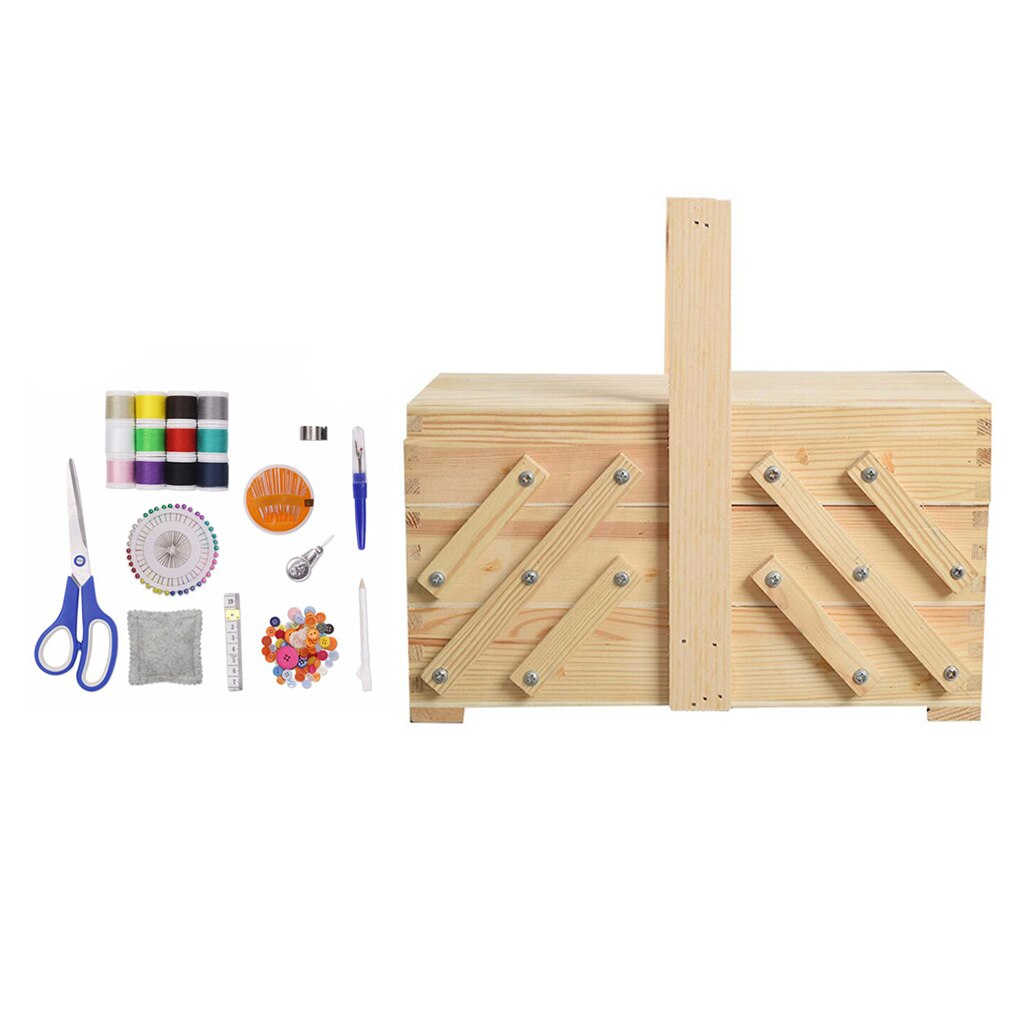 Cantilever 3 Tier Sewing Box Wooden Sew Kits Supplies Storage Case Holder Container