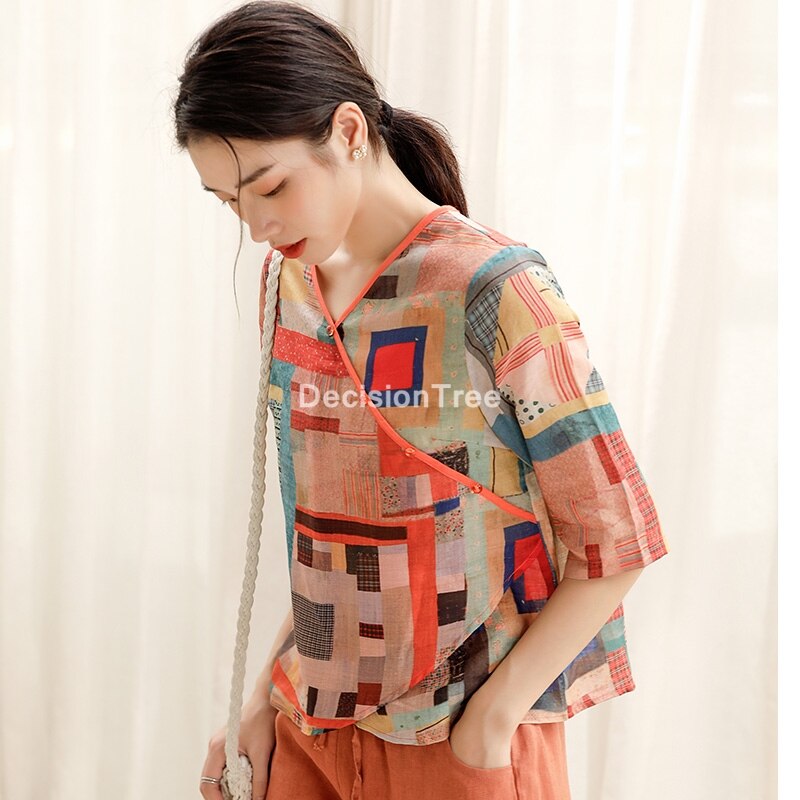 Camicetta Blusa Indianà Pronta In Seta Artistica - Stile Sari Con Scollo Tondo E Maniche A Sbuffo