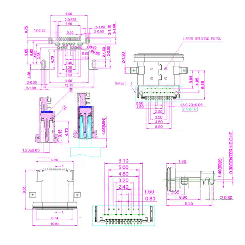 1pc wasserdichte USB-Buchse typec Buchse 24p USB-Buchse Spüle Board 1,4 Front stecker und hintere Aufkleber Länge 9,65mm Buchse