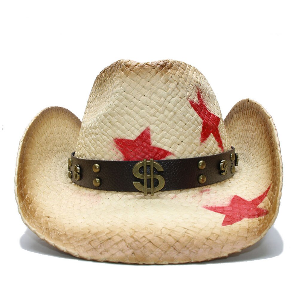 Frauen Männer Straw Western Cowboy Hut Mit Punk Blätter Band Stern Dame Dad Sombrero Hombre Cowgirl Jazz Kappen Größe 58CM: C9 CAX
