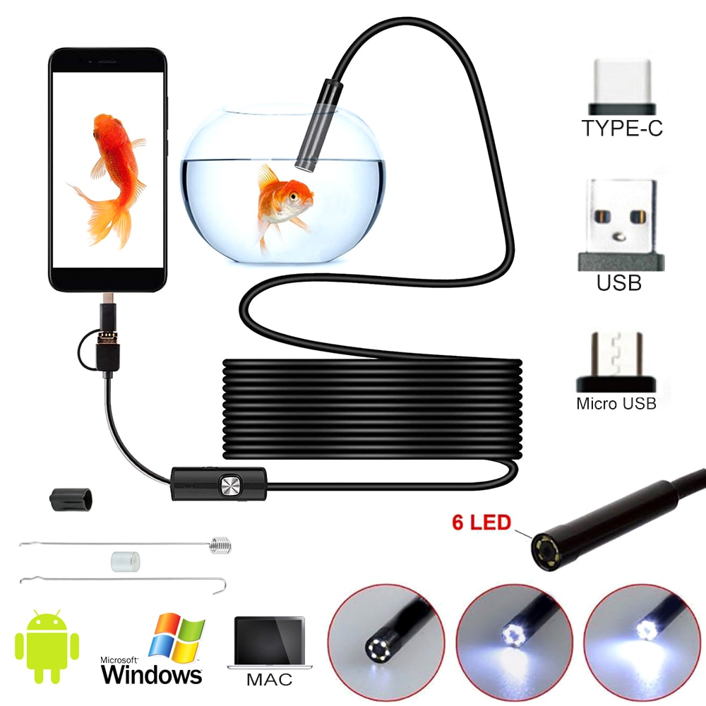 Boroscopio para cámara endoscópica de 1M-10M 5,5mm con 6LEDs, cable duro Flexible IP67, impermeable, USB, Micro cámara de inspección para Android PC