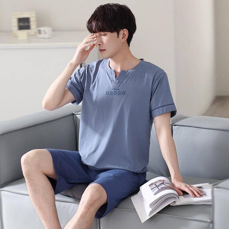 Men Pajamas Set 100% Cotton Short Sleeve Sleepwear Male Pyjamas Casual Home Clothing