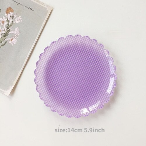 Plateau à Dessert en plastique, plat à gâteau en acrylique, motif de grille, assiettes florales, décoratives, fête de mariage, anniversaire, assiette à fruits cuillère fourchette: Purple plate