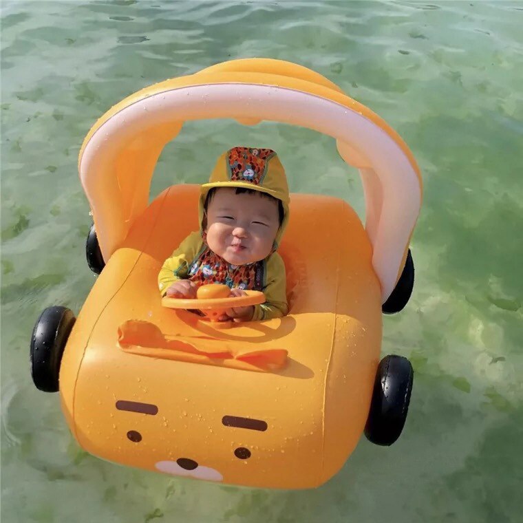 Parasol extraíble de dibujos animados para bebé, con volante flotador de piscina infantil, asiento de natación, juguetes de verano para en la playa y piscina: YELLOW