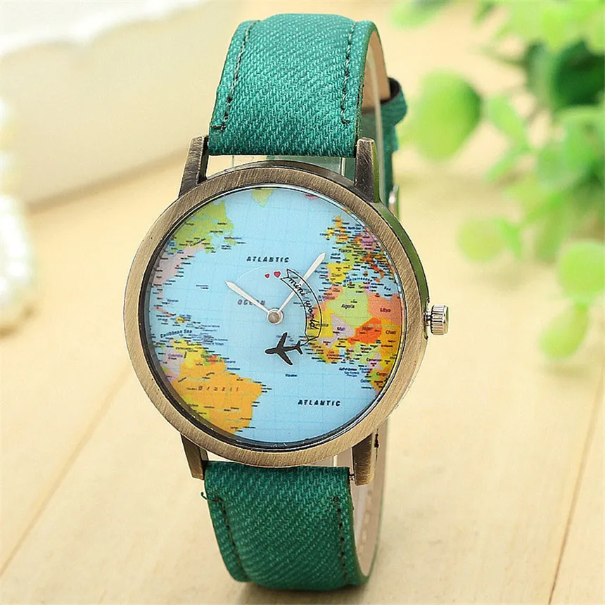 Cool Mini Wereld Mode Quartz Horloge Mannen Unisex Kaart Vliegtuig Reizen Rond De Wereld Vrouwen Lederen Jurk Horloges: green