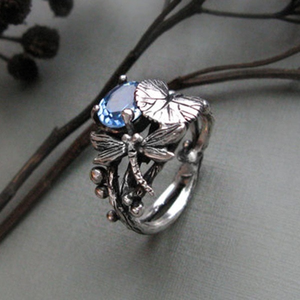 Female Unique Finger Ring CZ Stone Dragonfly Flower Ring Silver Color Jewelry Vintage Party Wedding Rings For Women