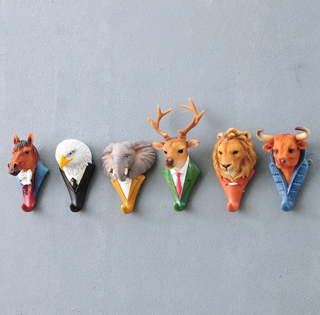 Résine créative 3D animaux crochets Hey chapeau manteau sac patère à vêtements décoration murale cerf Rhino éléphant girafe cheval décors 11