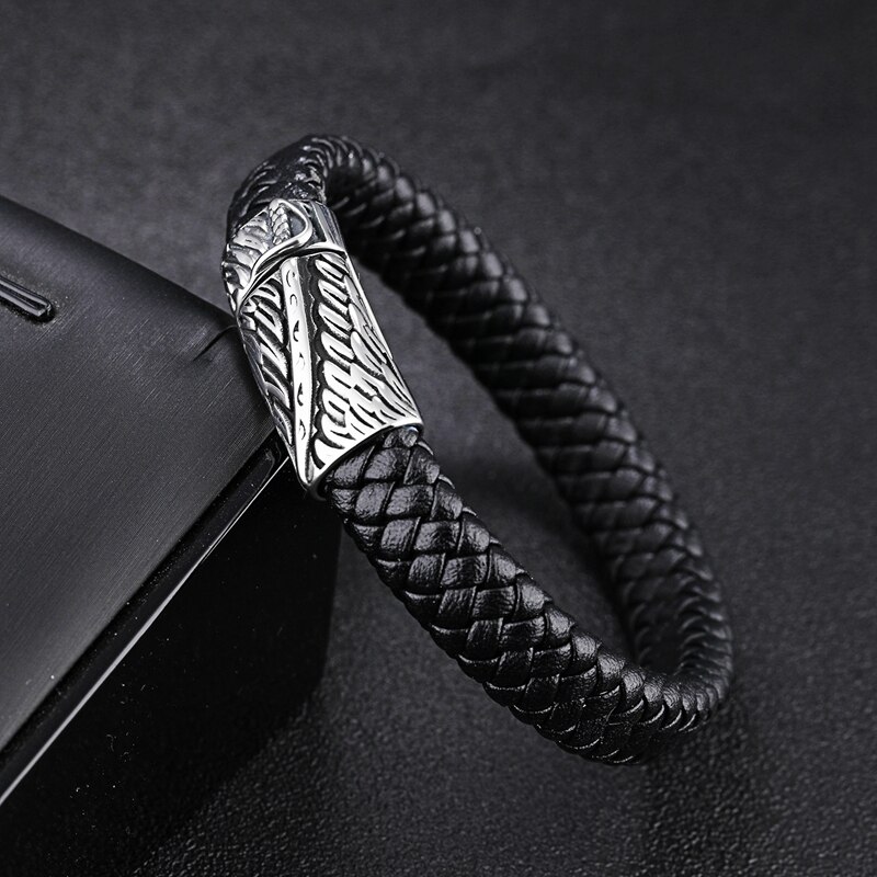 Mozo pulseira masculina de couro, joias da moda masculinas, pulseira de couro preto, espada punk de aço inoxidável, charme de fivela magnética de alta qualidade ps2079