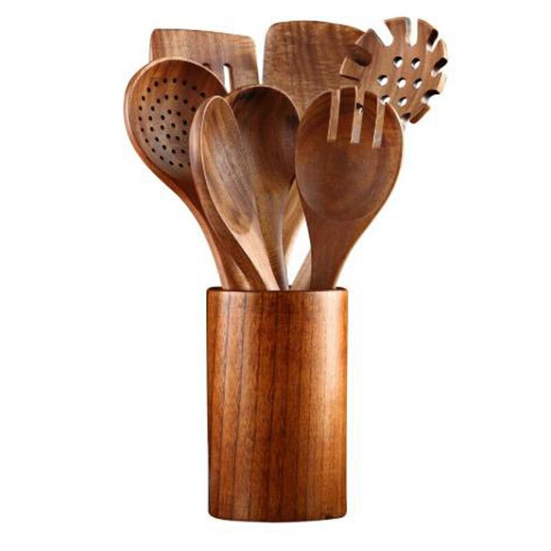 Utensilios de cocina de madera, 8 Uds. Cucharas y espátula de madera para cocinar, elegantes, utensilios de cocina para uso en el hogar y la cocina: Default Title