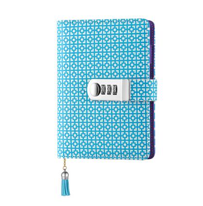 Kawaii A6 Korean lock leather notebook writing pads flower girl loose leaf password mini lockable diary school supplies: Blue / Cover with paper