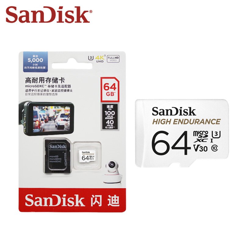 100% Original SanDisk High Endurance Memory Card Video Monitoring 64GB 32GB Class 10 U3 V30 High Speed 100M/s Micro SD Card