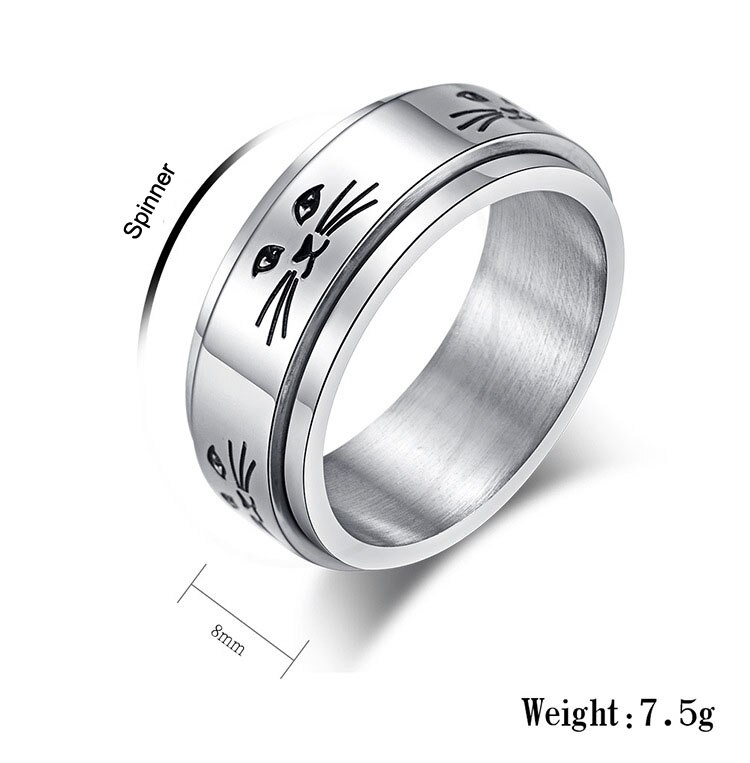 Cat Ring for Women and Men Stainless Steel Spinner Rotatable Animal Love 8MM Rings Trendy Charm Jewelry US Size 6-11