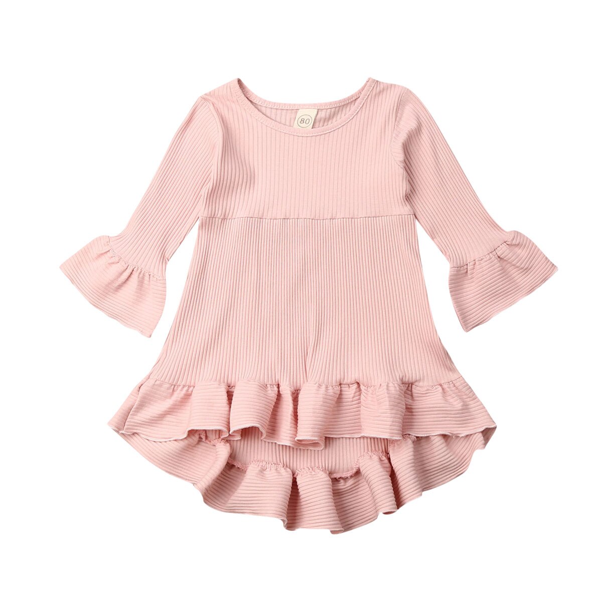 Prinsesse barn baby pige kjole efterårs strik solid lange ærmer flæse tutu kjole bryllup fest tøj: Lyserød / 24m