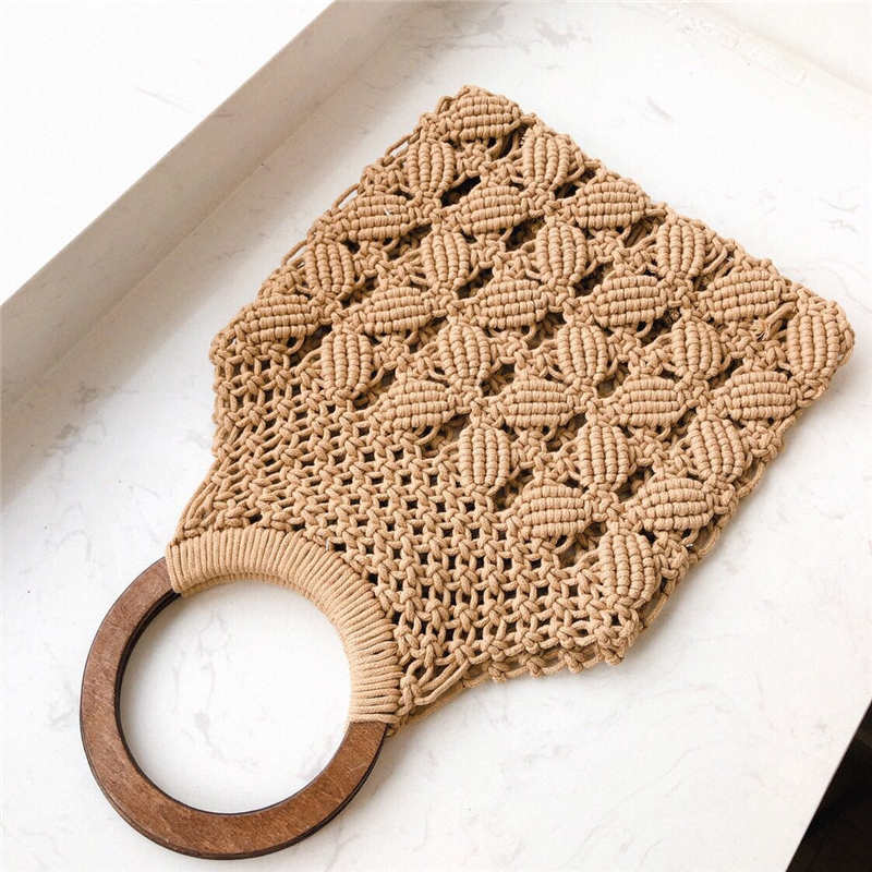 Lente en zomer geweven tas holle strandtas houten handvat ring stro handtas dames tote: Bruin