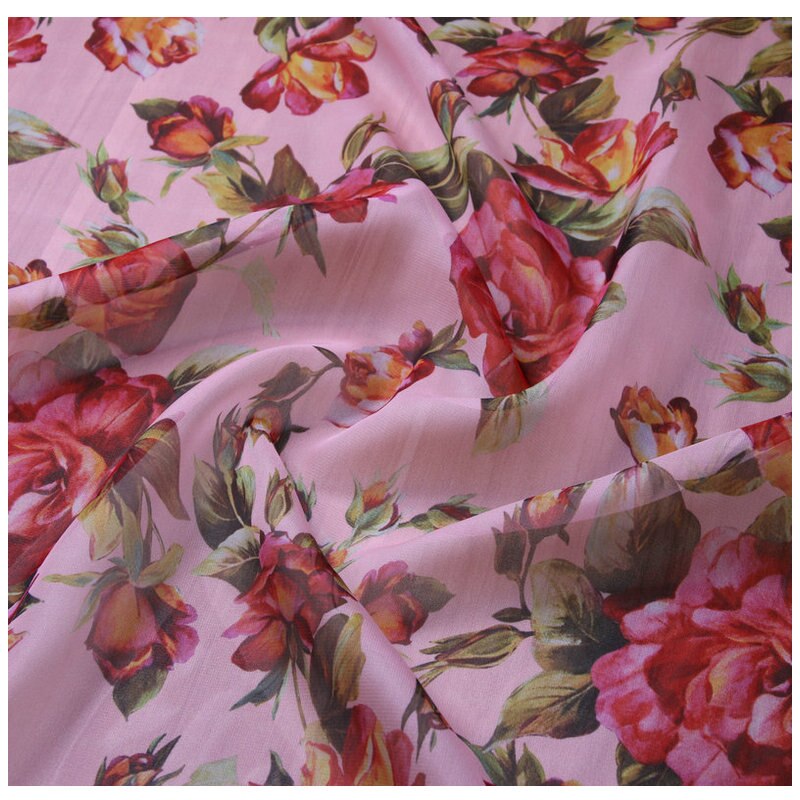 100X145 cm Week Runway China Rose Bloemen Zwarte Dunne Chiffon Stof voor Vrouw Meisje Zomer Lange Strand jurken Naaien