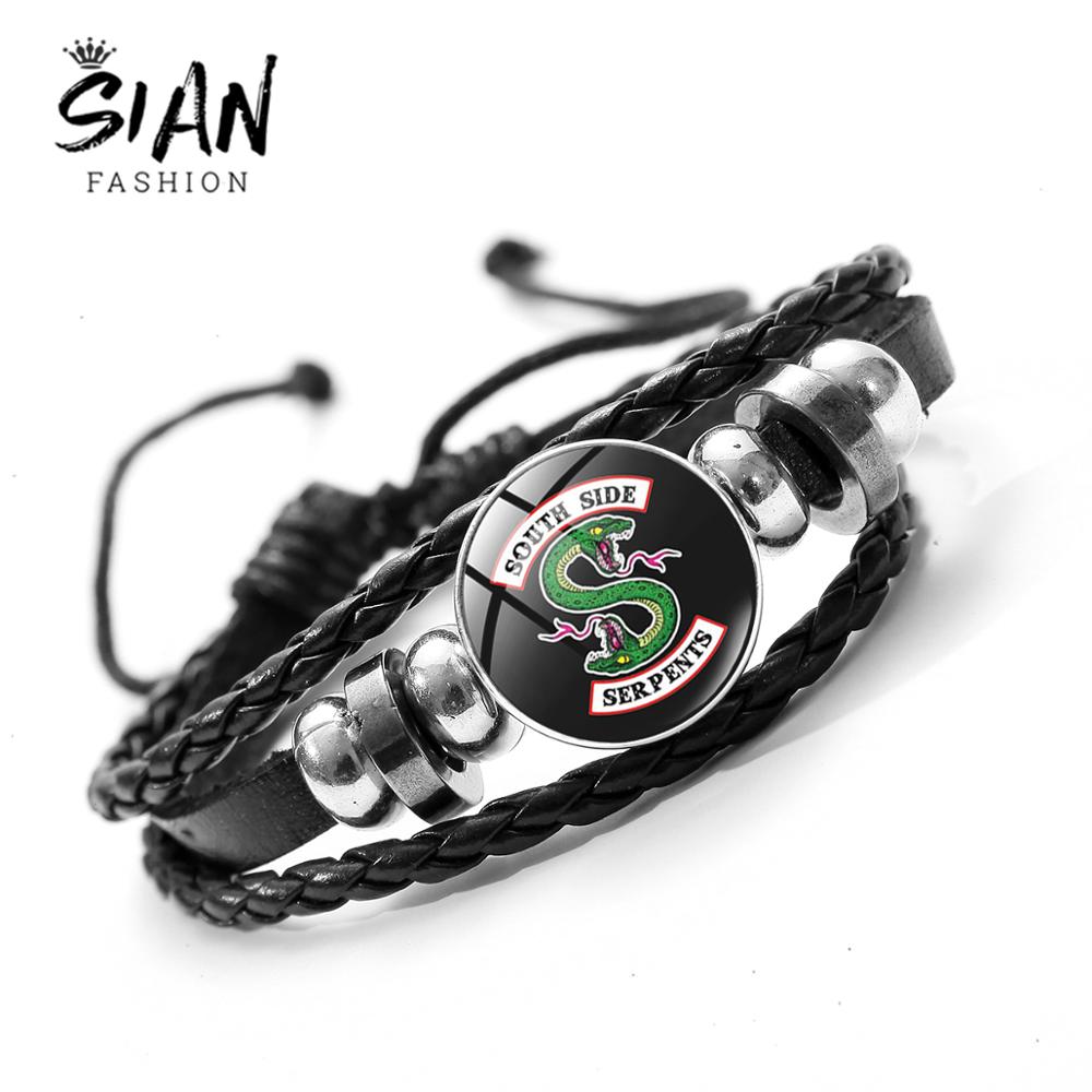 Pulsera de cuero de las serpientes del lado sur de SIAN, pulsera clásica de TV con botón de cristal, brazalete Punk de pulsera negra para hombres y mujeres