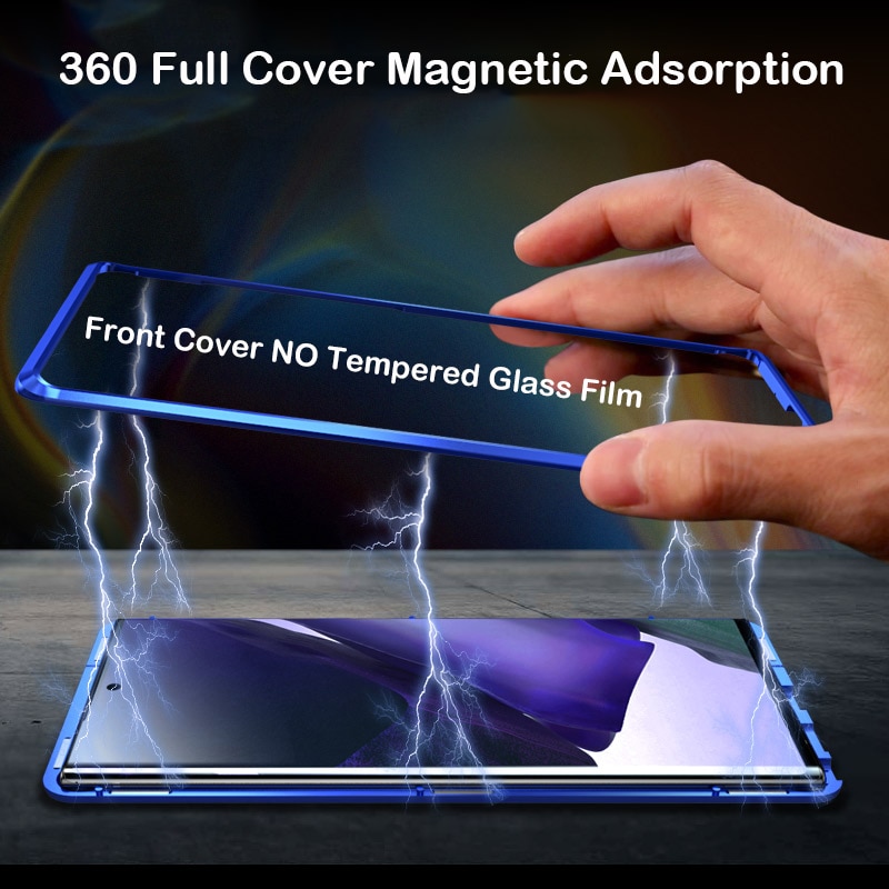 Volledig magnetische hoes voor samsung galaxy note 20 ultra, gehard glazen hoesje, metalen bumper, note 20 cameralens beschermhoes