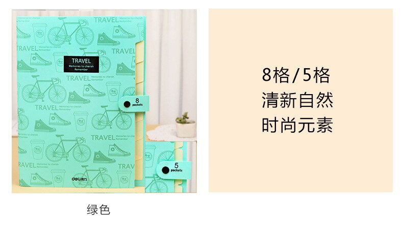 Colorful File Folder A4 Multi-layer storage bag File folder with button School & Office supplies 8 pockets Expanding Wallet: green