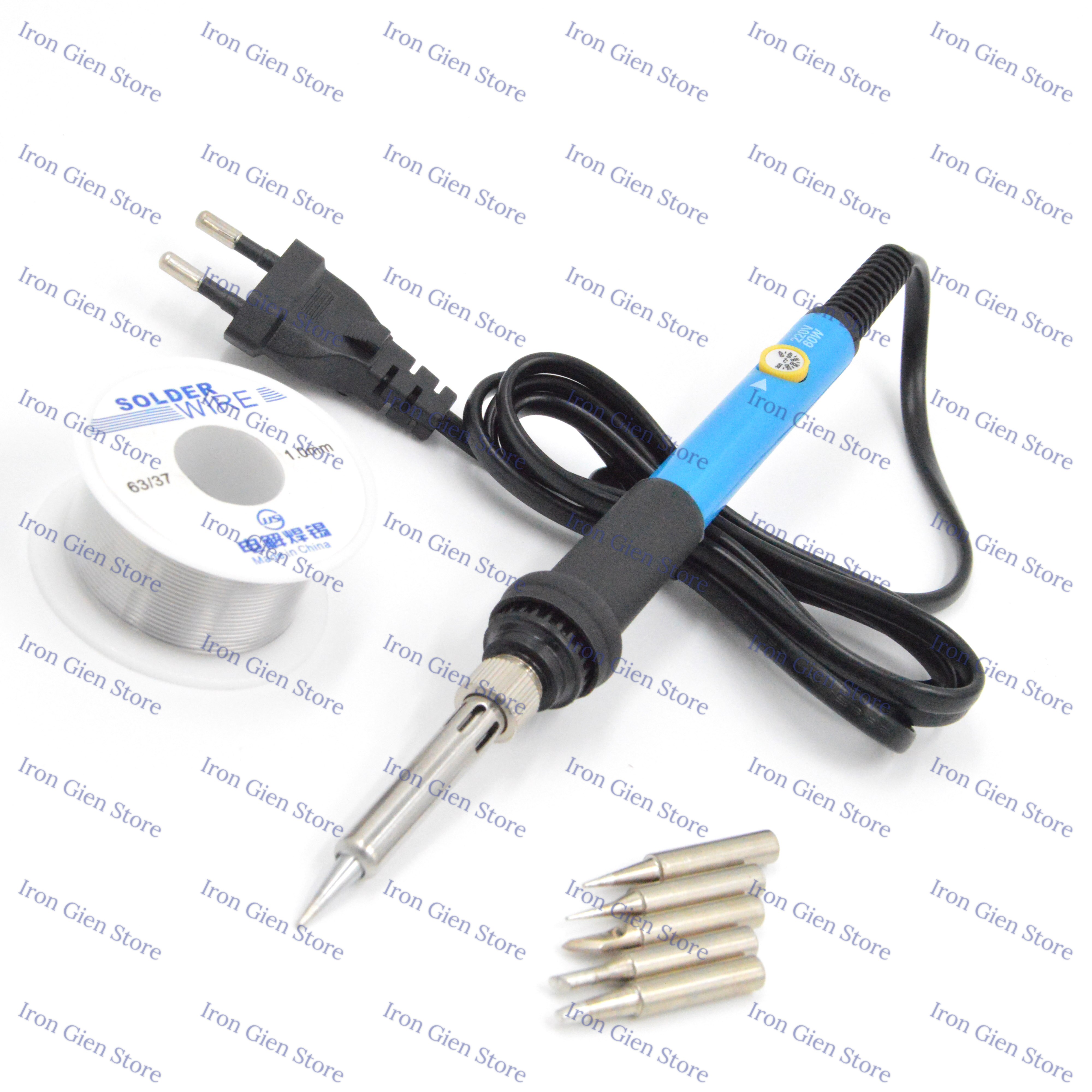 Electric Soldering Iron Kit 60W 220V EU Plus Adjustable Temperature For Rework Repair Tools With Tin Solder Wire 5 Welding Tips: EU Solder Iron Set