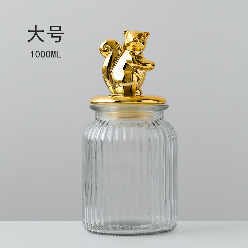 Transparent Glass Storage Jar Golden Ceramic Lid Cute Snack Tea Storage Food Grade Candy Jar Kitchen Storage Supplies: squirrel-L