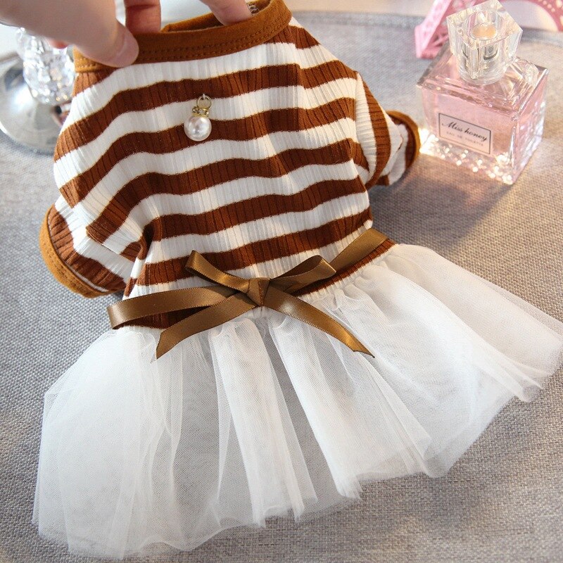 Sommer Bogen Stripd Welpen Rock Pet Prinzessin Hochzeit Kleider Mädchen Kleidung Für Kleine Hunde Anzug Für Chihuahua Yorkies Phantasie Kleid: Coffee / L-3.0-4.0KG