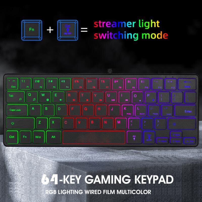 ZIENSTAR QWERTY English Letter 64 Keys Ultra -thin Mini USB Wired Keyboard with RGB backlight for Computer