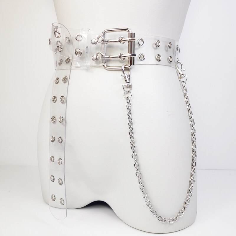 Zwei Reihe PVC Klar Gürtel Für Frauen Stift Schnalle Weiblichen Weiß Taille Hosen transparent Gürtel Damen Jeans Tülle Gürtel 154: Stil-1(mit-Kette)